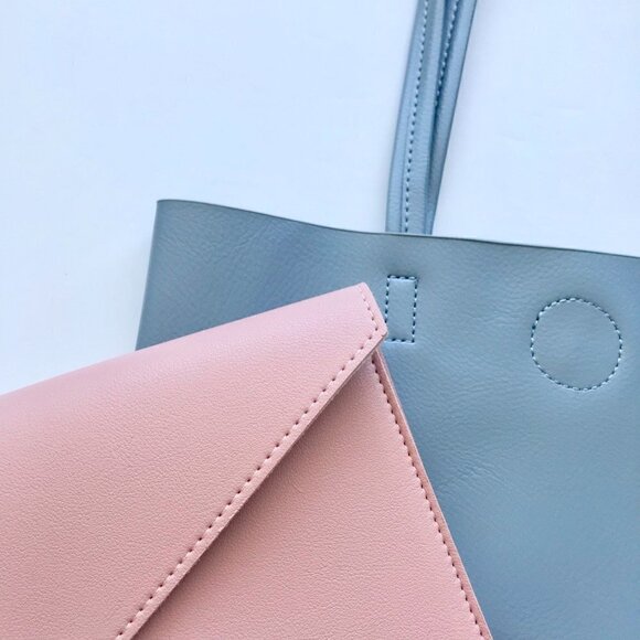 MINISO Shoulder Bag Blue Tote/Pink Portfolio Organizer Vegan Leather, Pen - Picture 2 of 16